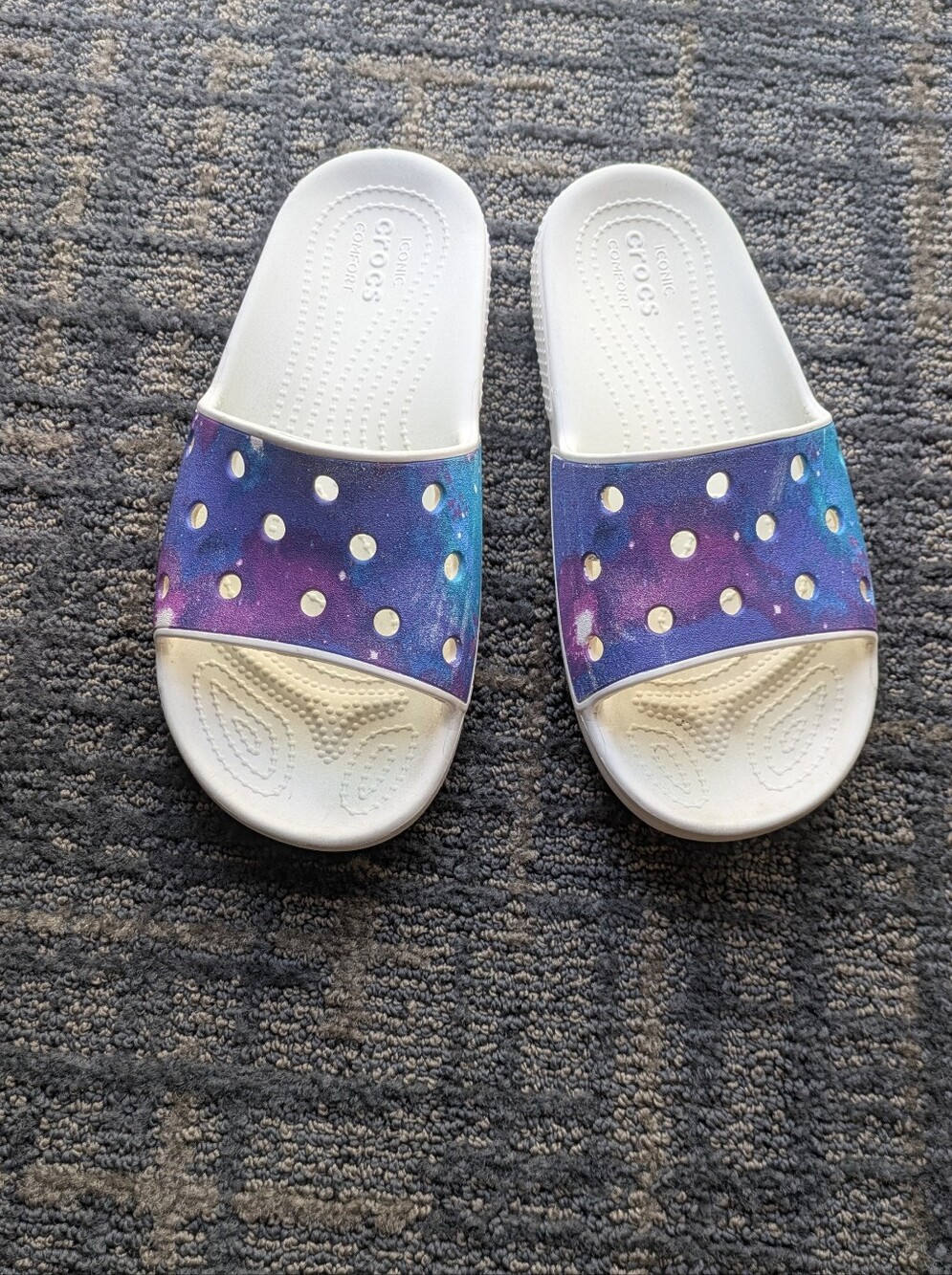 CROCS Kids Galaxy Slide Sandals in White With Purple and Blue Accents